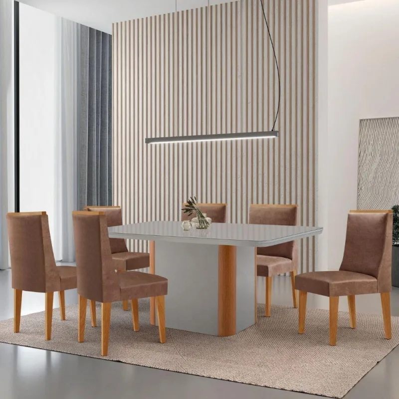 Mesa De Jantar Isadora 180cm Tampo Mdf Vidro Com 6 Cadeiras - Moderna