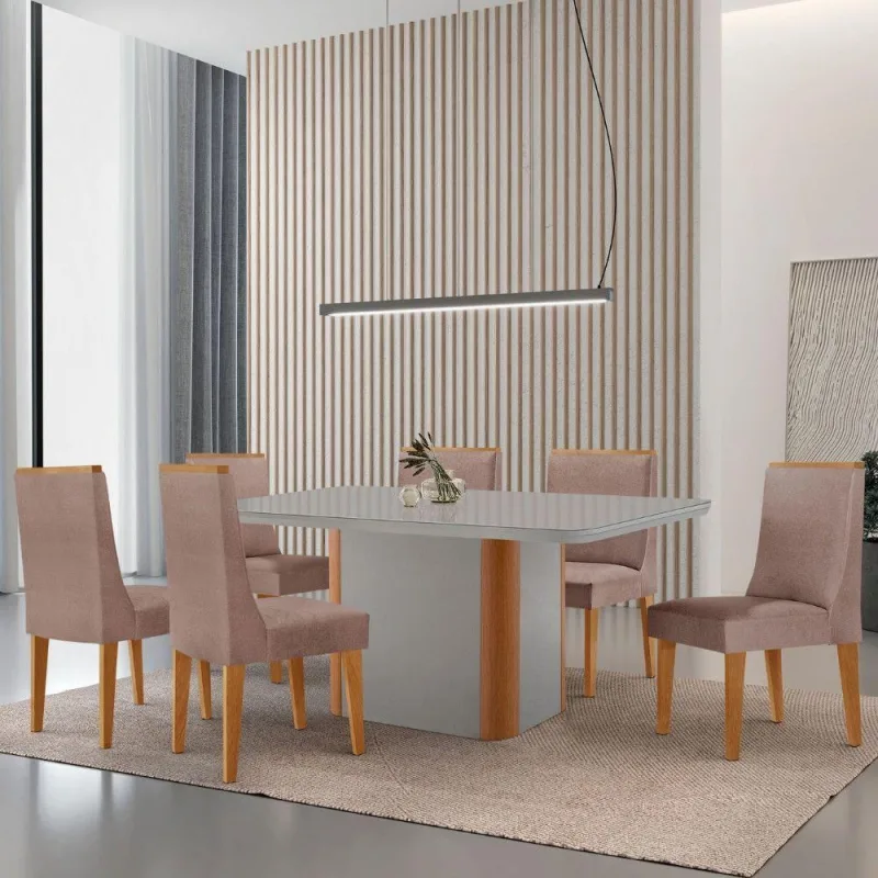 Mesa De Jantar Isadora 180cm Tampo Mdf Vidro 6 Cadeiras - Moderna
