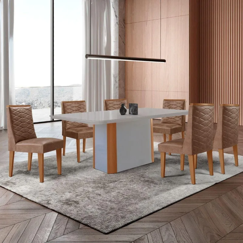 Mesa De Jantar Isadora Tampo Mdf Vidro Com 6 Cadeiras - Moderna