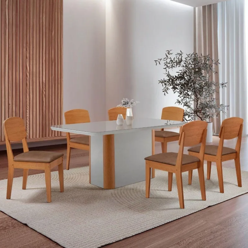 Mesa De Jantar Isadora Tampo Mdf Vidro Com 6 Cadeiras - Moderna