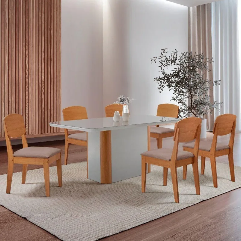 Mesa De Jantar Isadora 180cm Tampo Mdf Vidro Com 6 Cadeiras - Moderna
