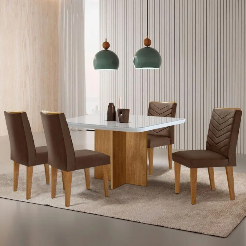 Sala De Jantar Mesa 90cm Olímpia Cadeira Liz Moderna M... Veludo Marrom/off/nat/serig Off Com Vidro - Moderna