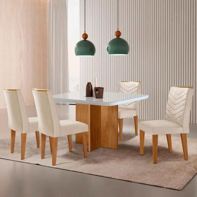 Sala De Jantar Mesa 90cm Olímpia Cadeira Liz Mo... Veludo Creme /off / /serig Off Com Vidro - Moderna