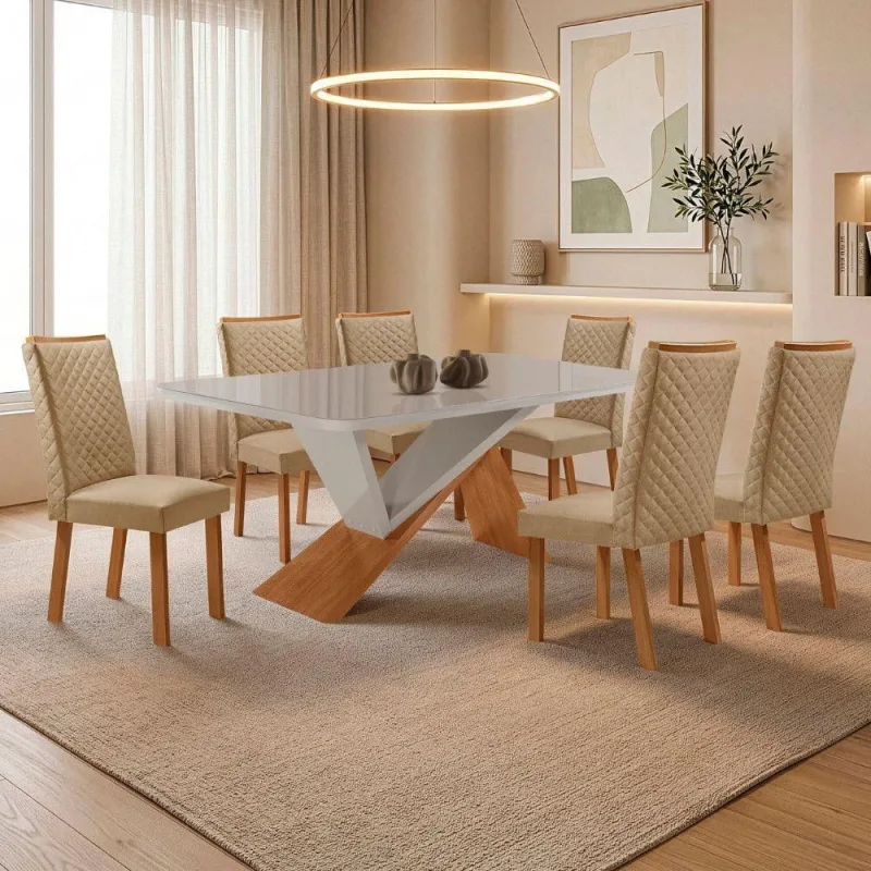 Conjunto de Jantar Yasmin Lira 6 Lugares Tampo em MDF Vidro - Moderna