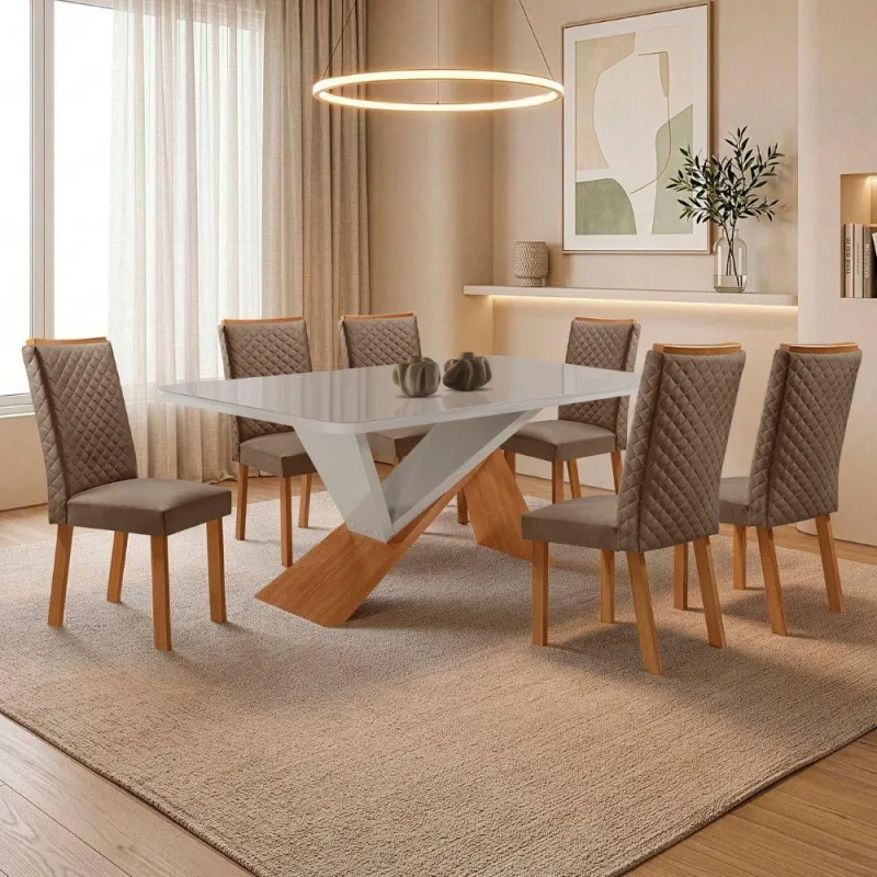 Conjunto de Jantar Yasmin Lira 6 Lugares Tampo em MDF/Vidro - Moderna