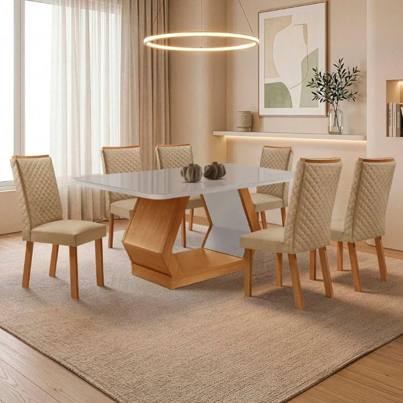 Conjunto de Jantar Alvorada Lira 6 Lugares Tampo Vidro MDF - Moderna - Moda