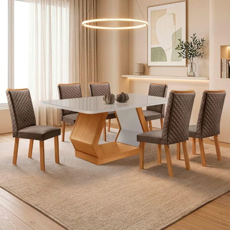 Conjunto de Jantar Alvorada Lira 6 Lugares Tampo Mdf Vidro - Moderna - Moda