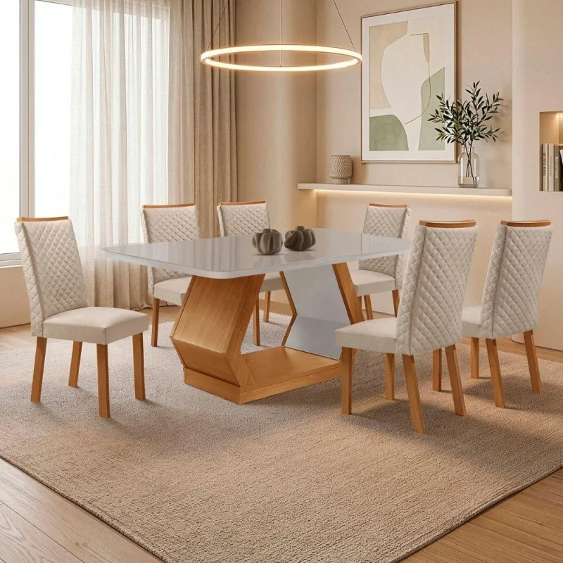 Conjunto de Jantar Alvorada Lira 6 Lugares Tampo Mdf  Vidro - Moderna - Moda