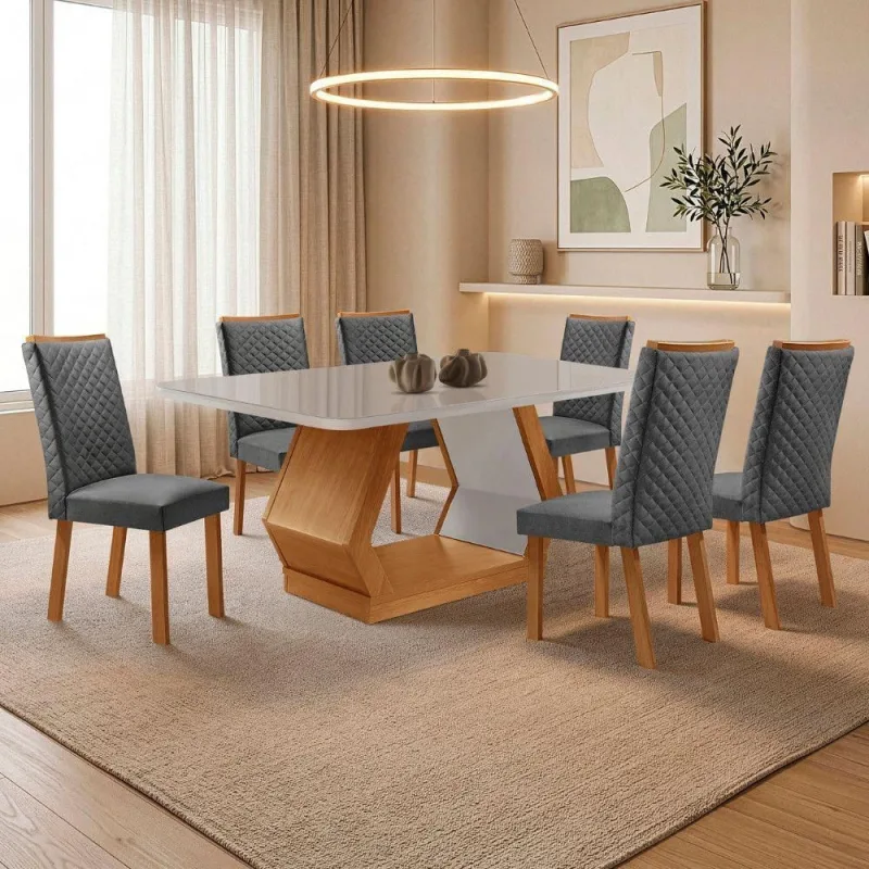 Mesa de Jantar Alvorada com 6 Cadeiras Lira Tampo Mdf Vidro - Moderna - Móveis