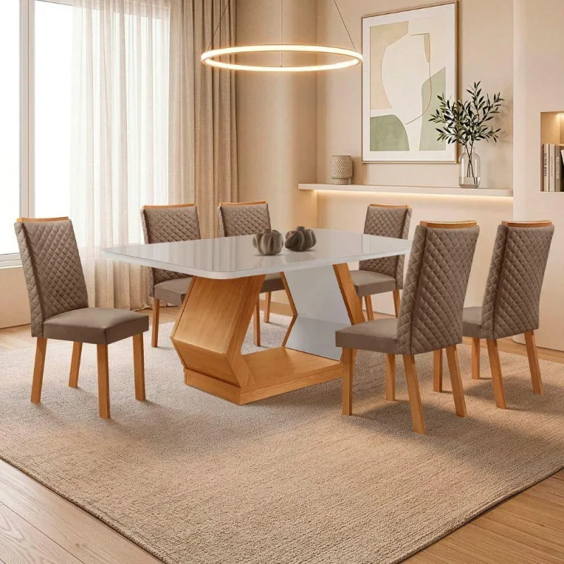 Conjunto de Jantar Alvorada Lira 6 Lugares Tampo MDF Vidro - Moderna - Moda