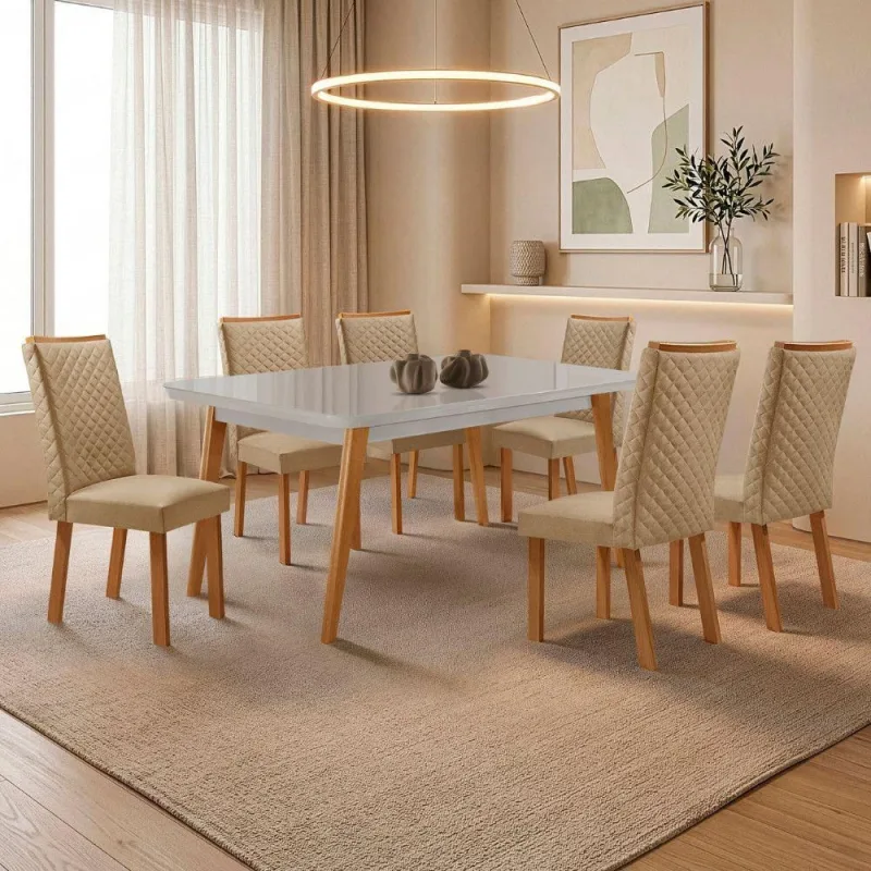 Mesa de Jantar Copper com 6 Cadeiras Lira Tampo em MDF+Vidro - Moderna - Móveis