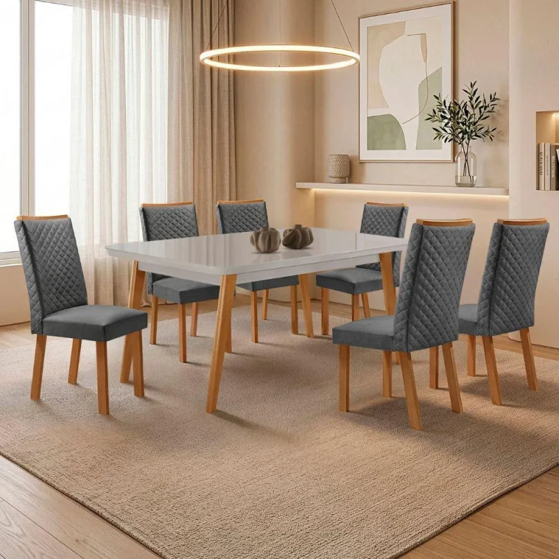 Mesa de Jantar Copper com 6 Cadeiras Lira Tampo em MDF Vidro - Moderna - Móveis