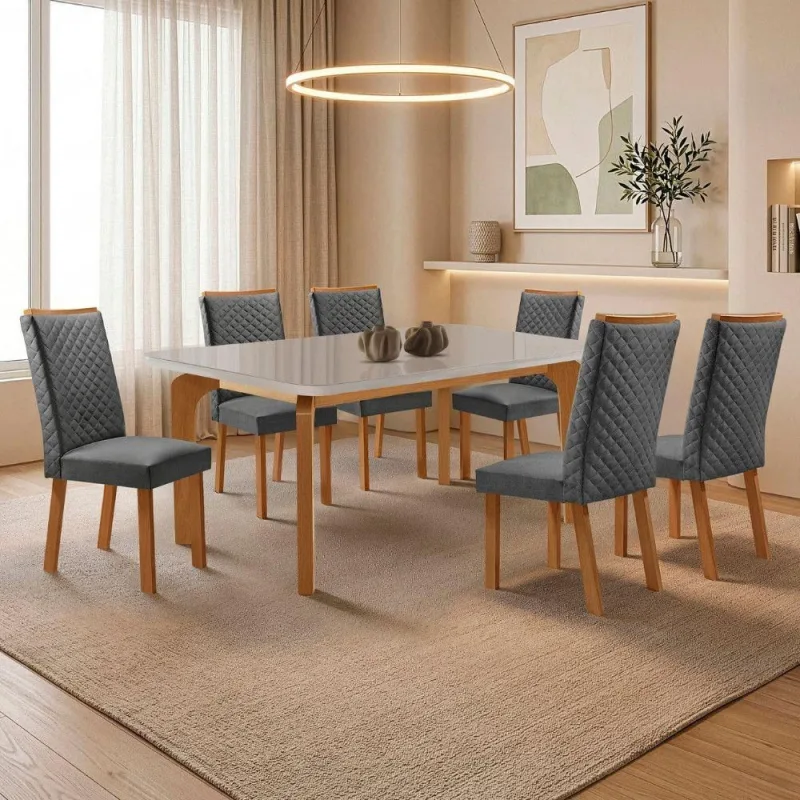 Mesa de Jantar Liz com 6 Cadeiras Lira Tampo em MDF Vidro - Moderna