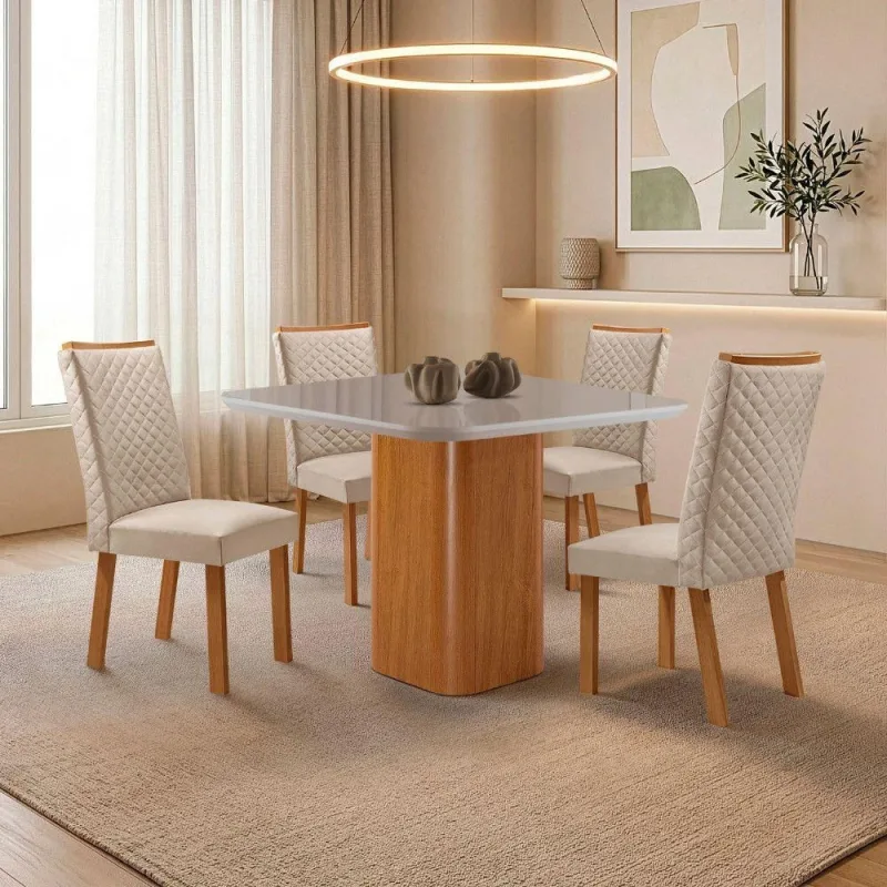 Conjunto de Jantar Eloise Lira 4 Lugares Tampo MDF com Vidro - Moderna