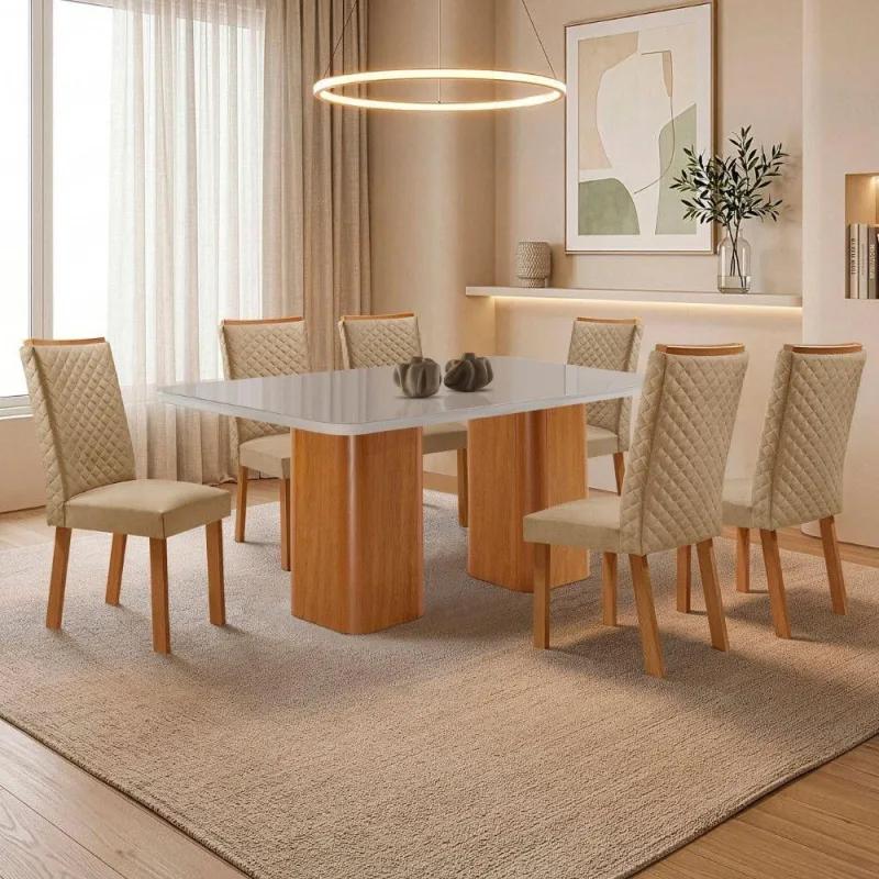 Mesa de Jantar Eloise com 6 Cadeiras Lira Tampo em MDF Vidro - Moderna - Móveis