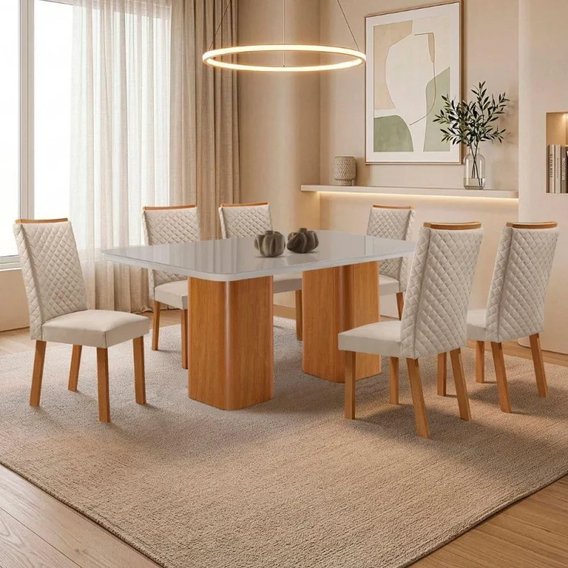 Mesa de Jantar Eloise com 6 Cadeiras Lira Tampo Mdf Vidro - Moderna
