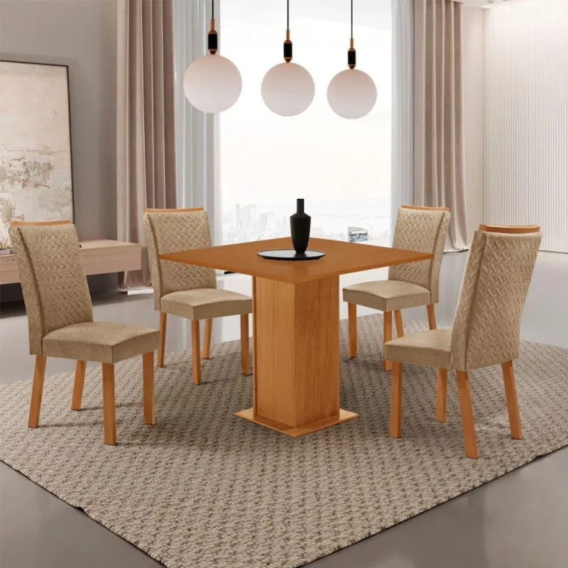 Conjunto de Jantar Loren 4 Lugares com Cadeiras Estofadas Off White 90CM Moderna - moderna - Móveis