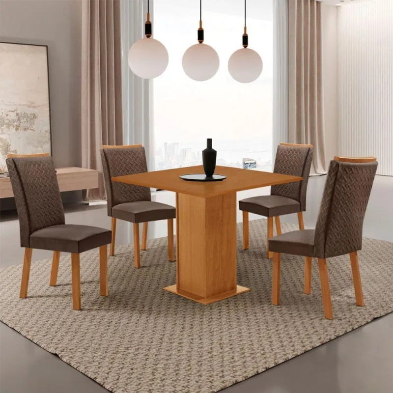 Conjunto de Jantar Loren 4 Lugares Tampo MDF com Cadeiras Lisa em Veludo Marrom 90CM Moderna - moderna - Móveis