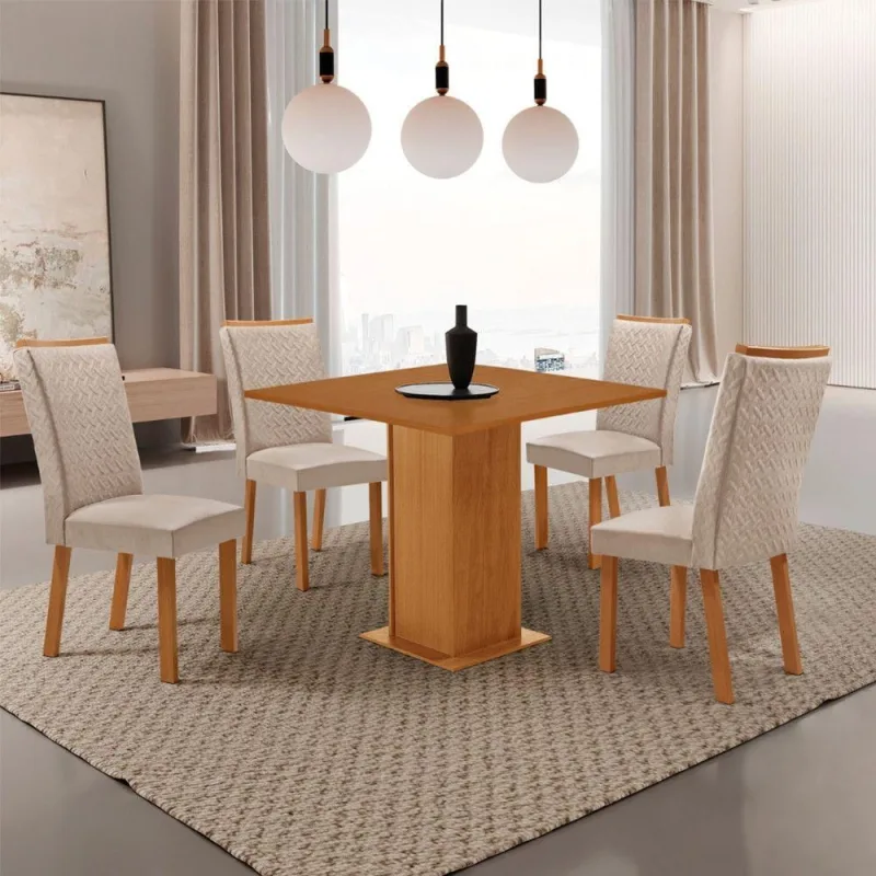 Conjunto de Jantar Loren 4 Lugares Tampo MDF Cadeiras Lisa Veludo Off White 90CM Moderna - moderna - Móveis