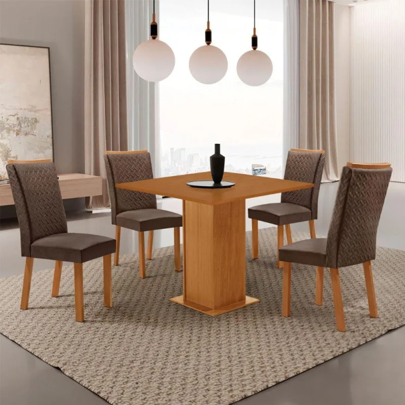 Conjunto de Jantar Loren 4 Lugares Tampo MDF Cadeiras Lisa Veludo Off White 90CM Moderna - moderna - Móveis