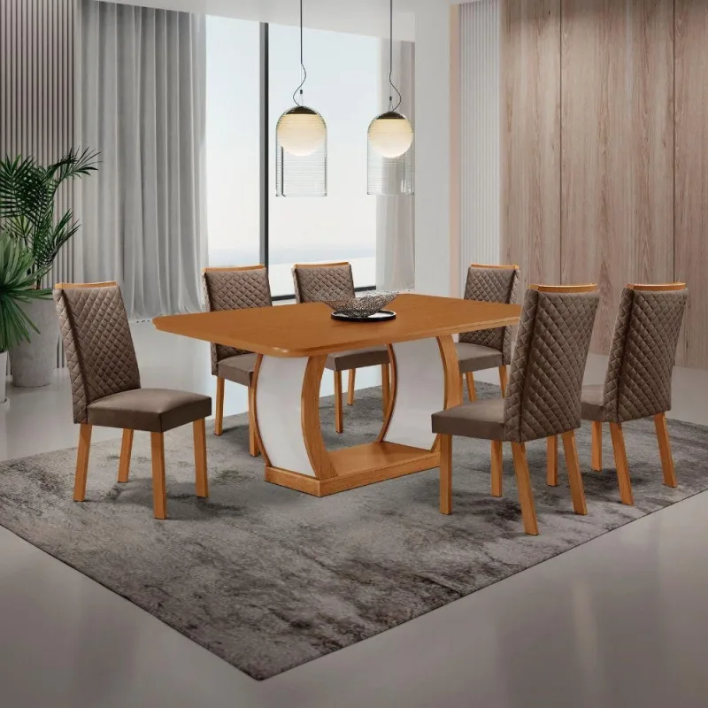 Conjunto de Jantar Milena 6 Lugares Tampo MDF Canto Copo Cadeiras Lira Veludo Marrom 180CM Moderna - moderna - Móveis
