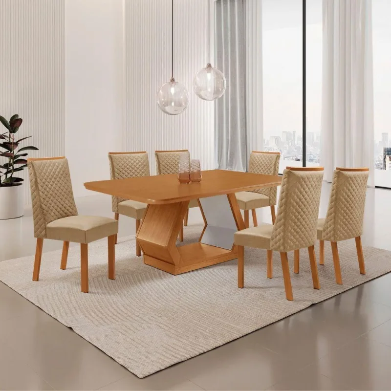 Conjunto de Jantar Alvorada 6 Lugares Tampo MDF com Cadeiras Suede Off White 180CM Moderna - moderna - Móveis