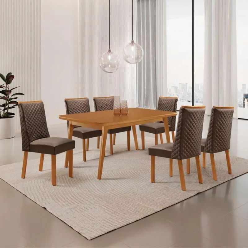 Conjunto de Jantar Copper 6 Lugares Tampo MDF com Cadeiras em Veludo Marrom 180CM Moderna - moderna - Móveis