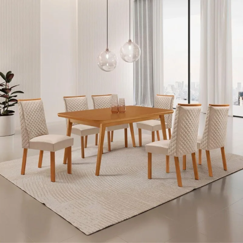 Conjunto de Jantar Copper 6 Lugares Tampo MDF com Cadeiras em Veludo Creme 180CM Moderna - Moderna - Móveis