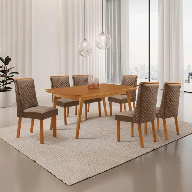 Conjunto de Jantar Copper 6 Lugares Tampo MDF com Cadeiras Estofadas Creme 180CM Moderna - moderna - Móveis