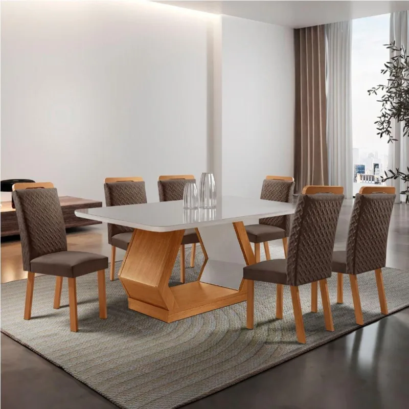 Conjunto de Jantar Alvorada 6 Lugares Tampo em Vidro Cadeiras Veludo Marrom 180CM Moderna - moderna - Móveis