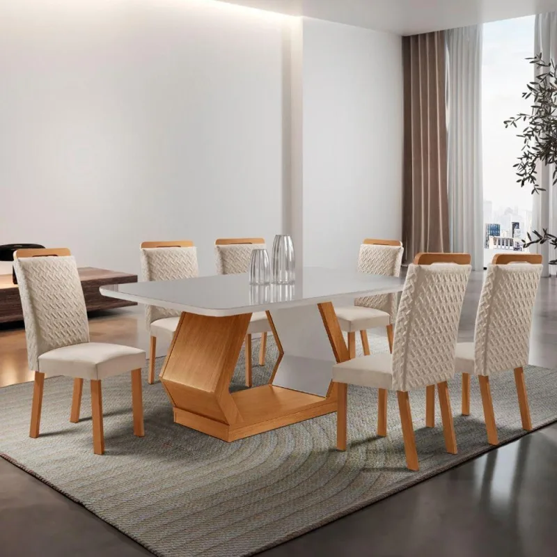Conjunto de Jantar Alvorada 6 Lugares Tampo em Vidro com Cadeiras Veludo Creme 180CM Moderna - moderna - Móveis