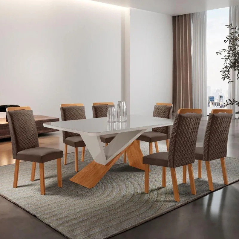 Conjunto de Jantar Yasmin 6 Lugares Tampo MDF com Vidro Serigrafado e Cadeiras Aline em Veludo - moderna