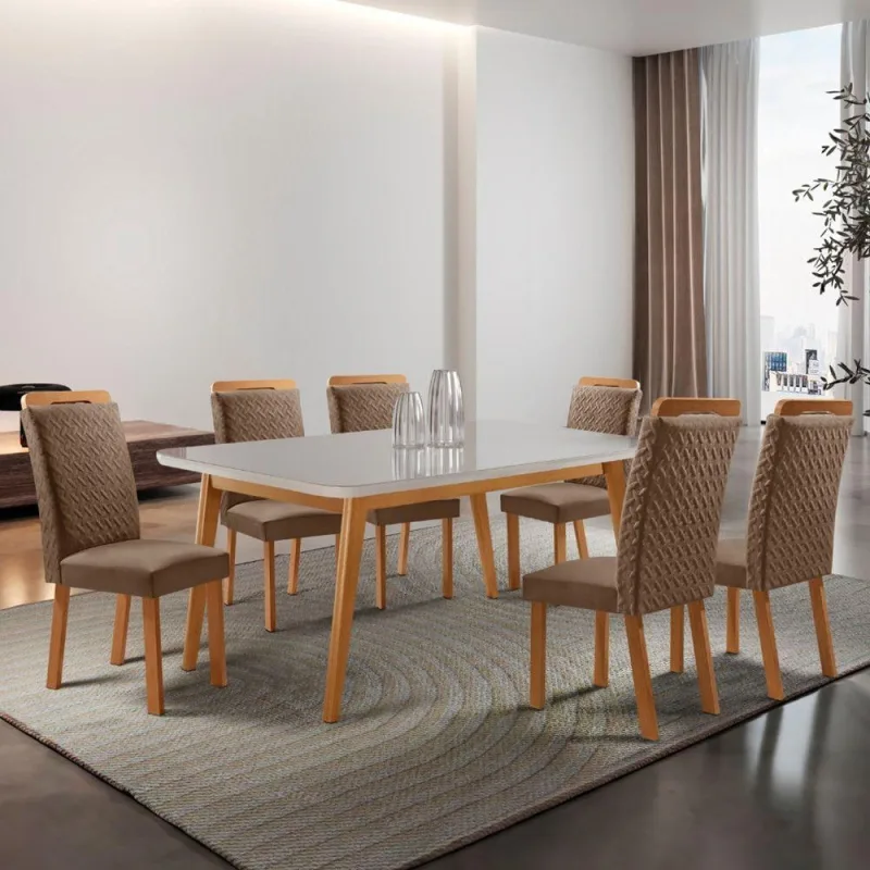 Conjunto de Jantar Copper 6 Lugares Tampo MDF com Vidro Serigrafado e Cadeiras Aline Veludo Off - moderna - Móveis