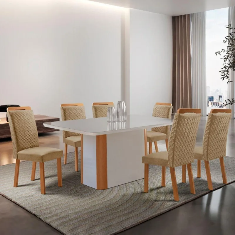 Conjunto de Jantar Isadora 6 Lugares Tampo em Vidro Cadeiras Estofadas Off White 180CM Moderna - moderna - Móveis