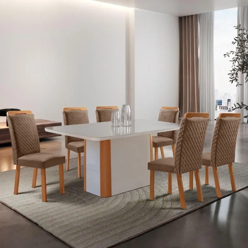Conjunto de Jantar Isadora 6 Lugares Tampo MDF com Cadeiras Aline Veludo Off White 180CM Moderna - moderna - Móveis
