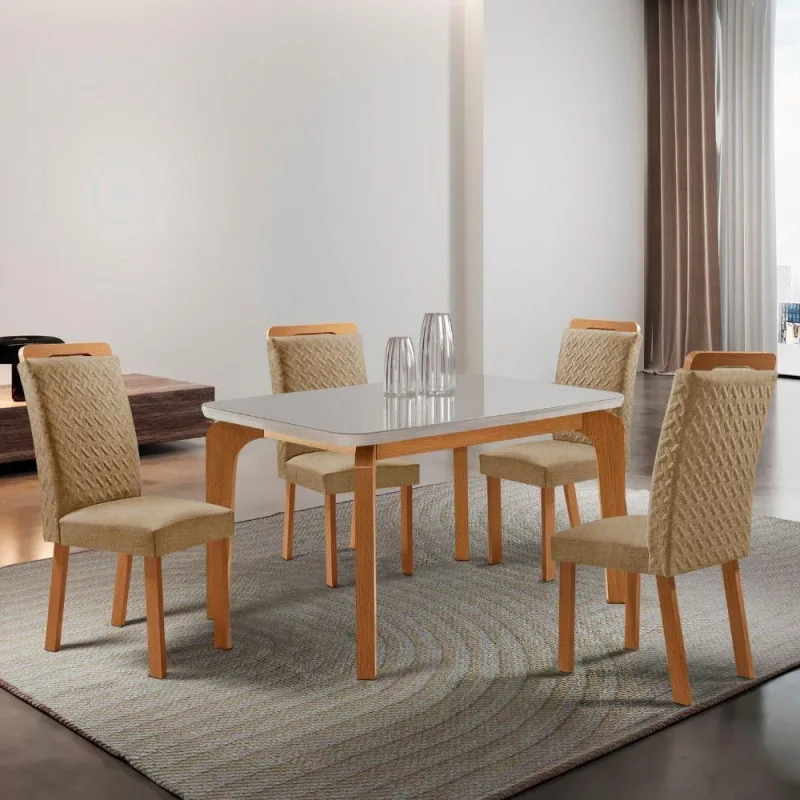 Conjunto de Jantar Liz 4 Lugares Tampo em Vidro com Cadeiras Aline Estofadas Off White 120CM Moderna - moderna - Móveis
