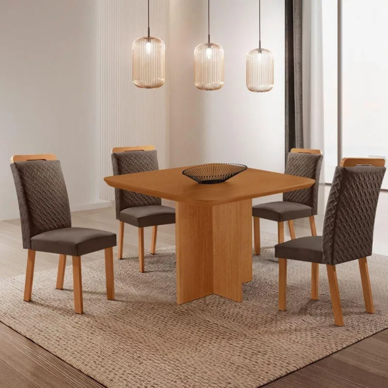 Conjunto de Jantar Olimpia 4 Lugares Tampo MDF Cadeiras Aline Veludo Marrom 90CM Moderna - moderna - Móveis