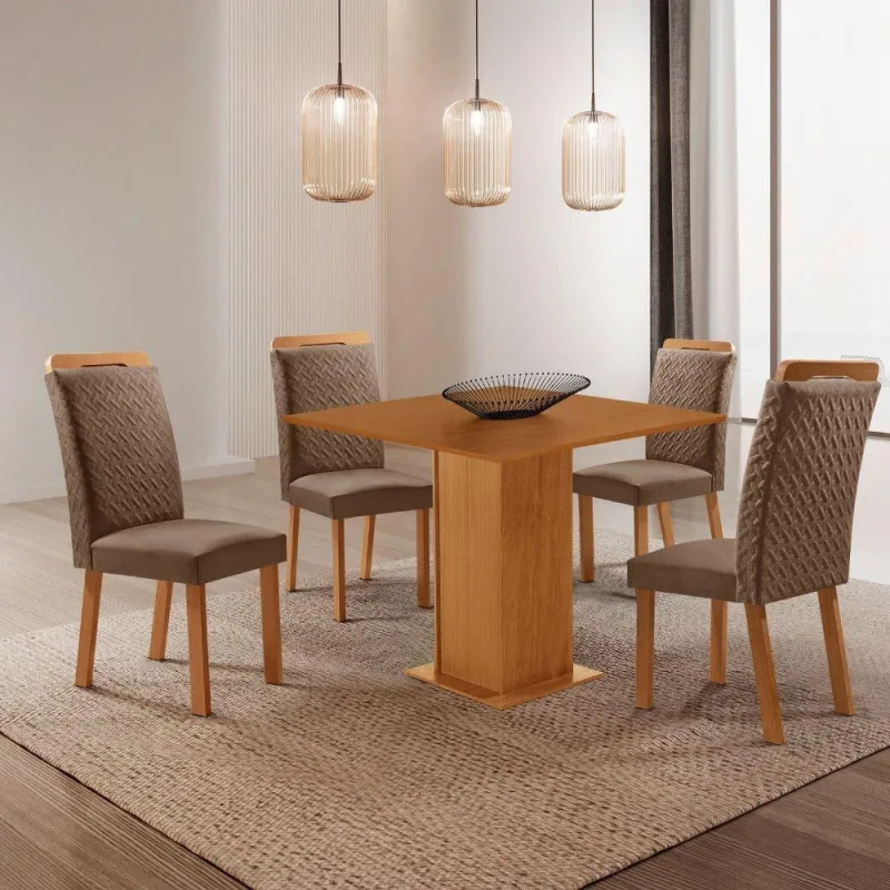 Conjunto de Jantar Loren 4 Lugares Tampo MDF Cadeiras Aline Veludo Creme 90CM Moderna - moderna