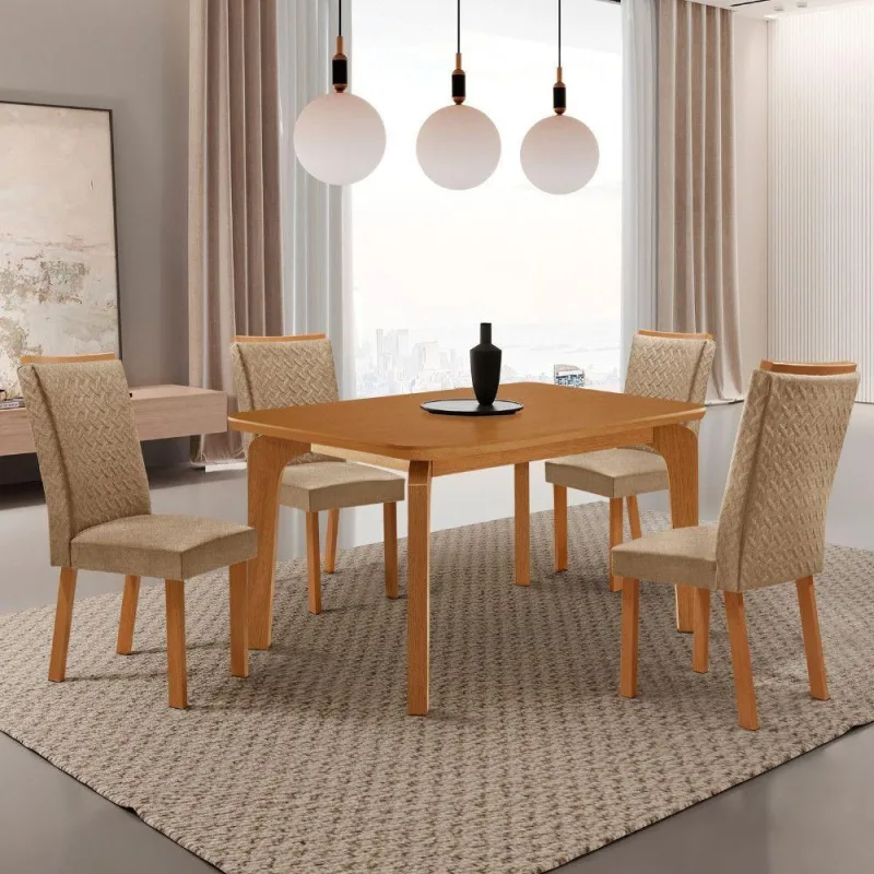 Conjunto de Jantar Liz 4 Lugares Tampo MDF com Cadeiras Estofadas 120CM Moderna - moderna