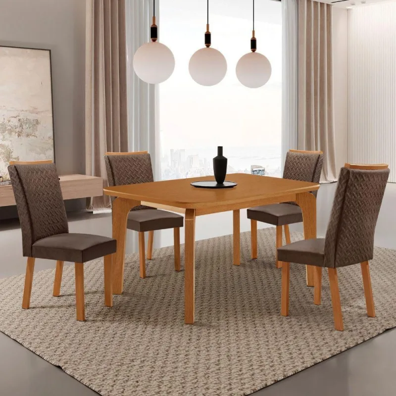 Conjunto de Jantar Liz 4 Lugares Tampo MDF Cadeiras em Veludo Marrom 120CM Moderna - moderna