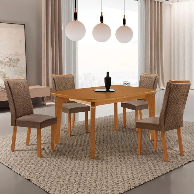 Conjunto de Jantar Liz 4 Lugares Tampo MDF Cadeiras em Veludo Creme 120CM Moderna - moderna