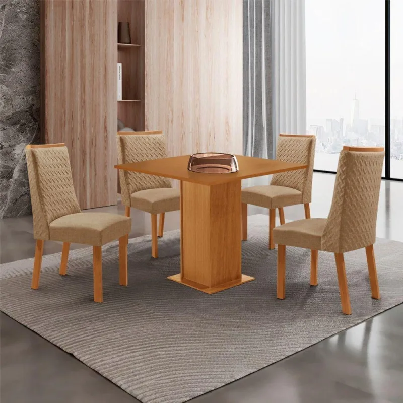 Conjunto de Jantar Loren 4 Lugares Tampo MDF Cadeiras Estofadas Off White 90CM Moderna - moderna