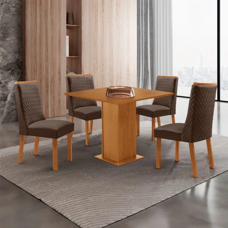 Conjunto de Jantar Loren 4 Lugares Tampo MDF Cadeiras Veludo Marrom 90CM Moderna - moderna - Móveis
