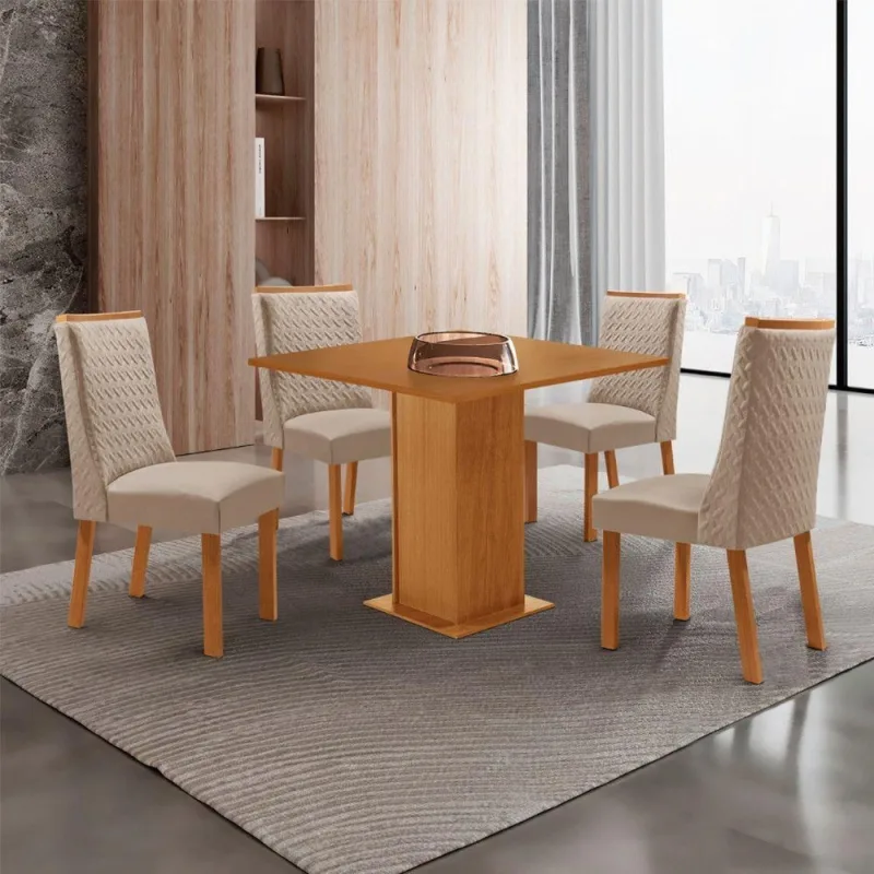 Conjunto de Jantar Loren 4 Lugares Tampo MDF Cadeiras Carolina Veludo Off White 90CM Moderna - moderna - Móveis
