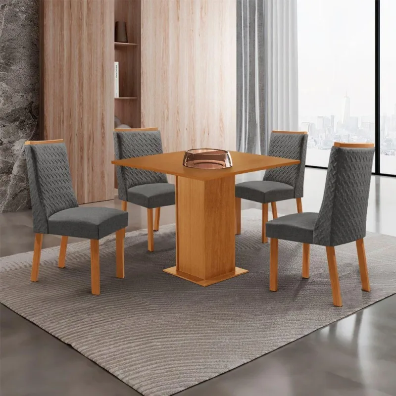 Conjunto de Jantar Loren 4 Lugares Tampo MDF Cadeiras Linho Grafite 90CM Moderna - moderna - Móveis