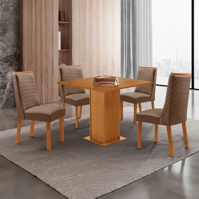 Conjunto de Jantar Loren 4 Lugares Tampo MDF Cadeiras Veludo Off White 90CM Moderna - moderna