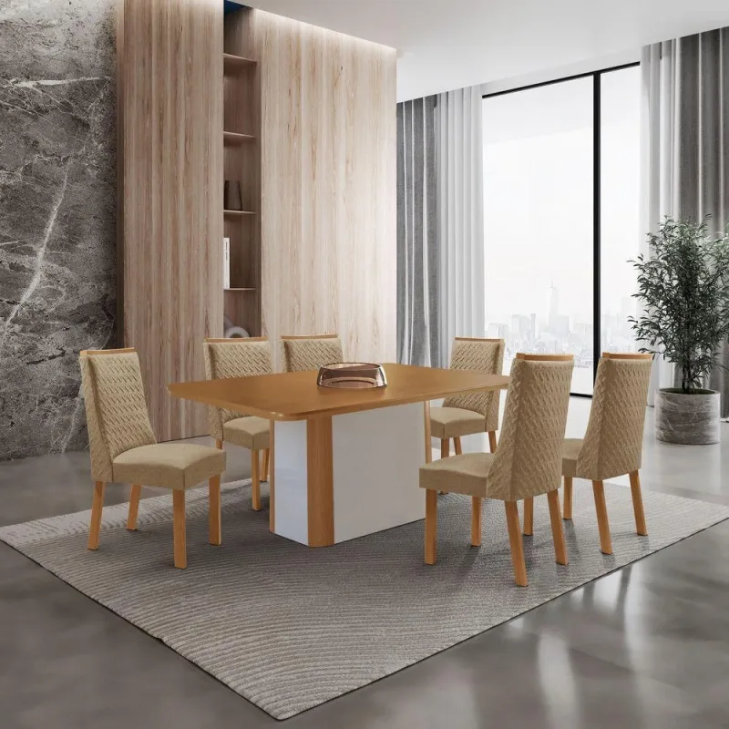 Conjunto de Jantar Isadora 6 Lugares MDF Amadeirado Moderna - moderna