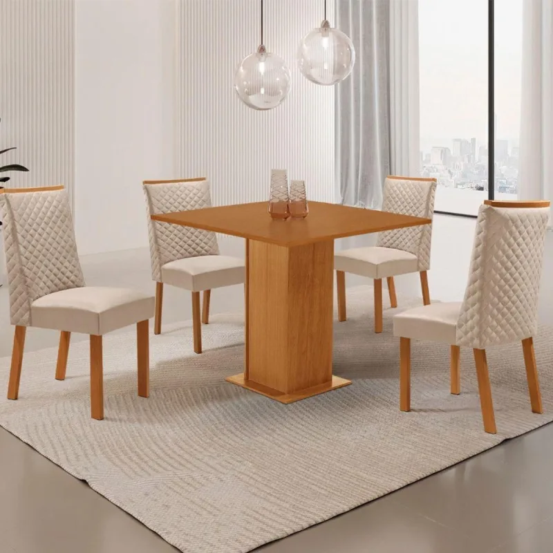 Conjunto de Jantar Loren 4 Lugares Tampo MDF com Cadeiras Yasmin Veludo Off White 90CM Moderna - moderna