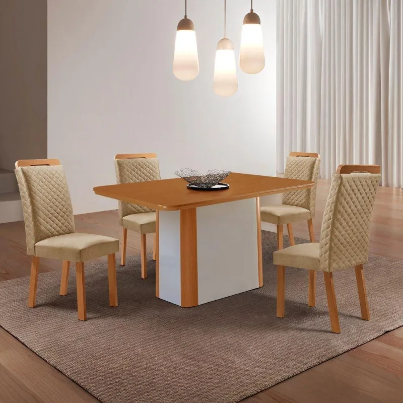Conjunto de Jantar Eloise 4 Lugares Tampo MDF com Cadeiras Estofadas Moderna - moderna