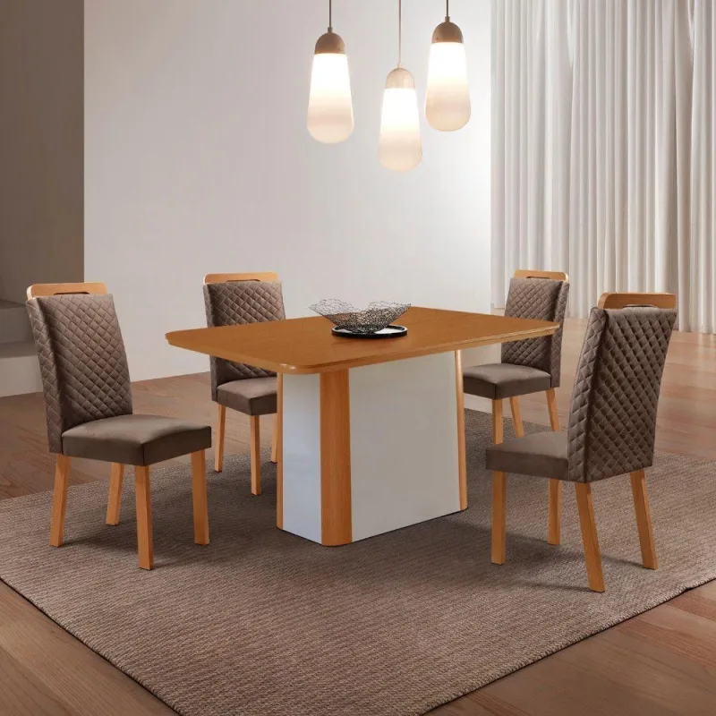 Conjunto de Jantar Eloise 4 Lugares Tampo MDF Cadeiras Veludo Marrom 120CM Moderna - moderna